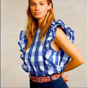Anthropologie Whit Two Gingham Ruffle Blouse Plaid Prairie Western Cottagecore